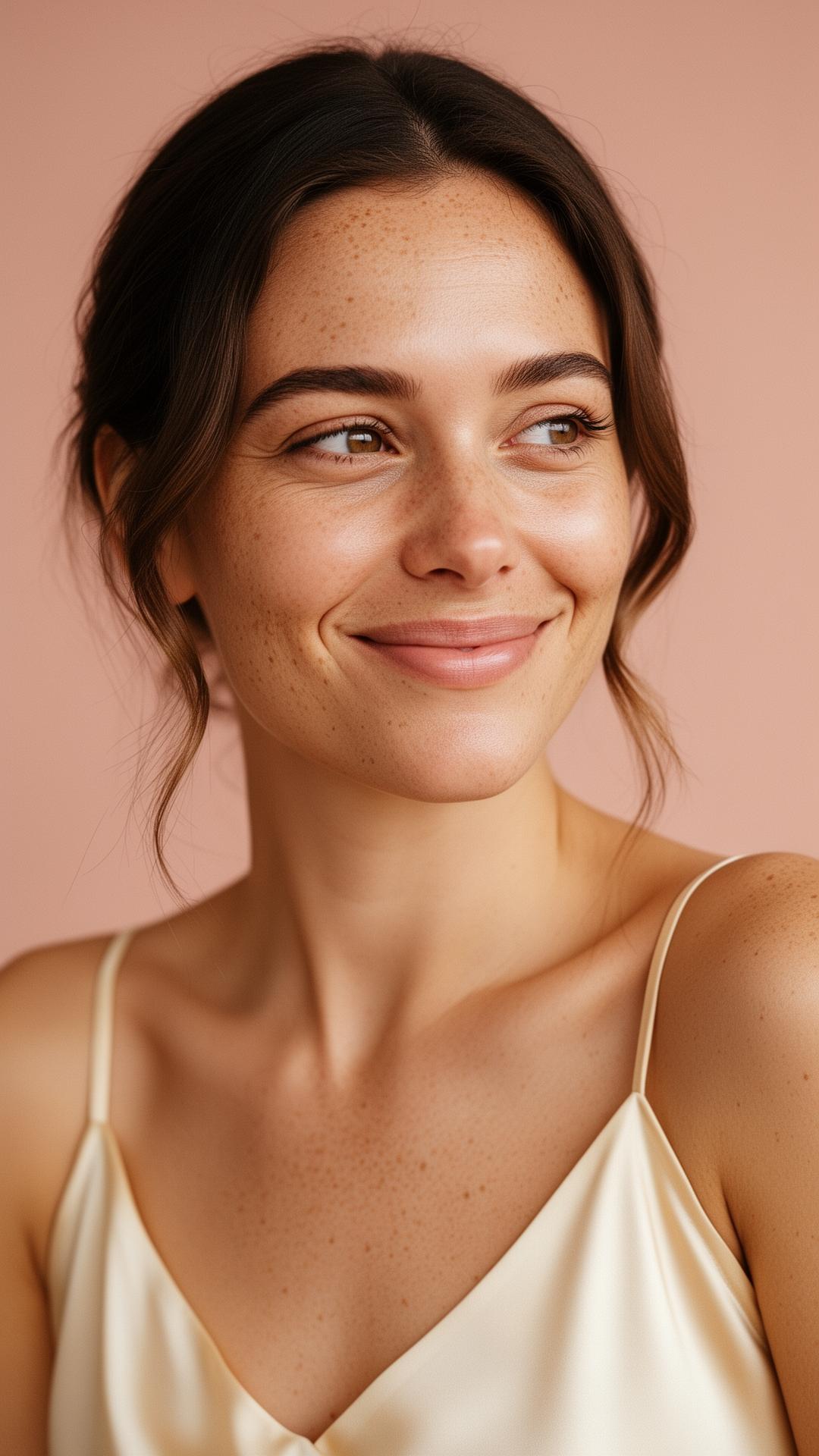 Woman with radiant, dewy skin showcasing Lushy skincare results
